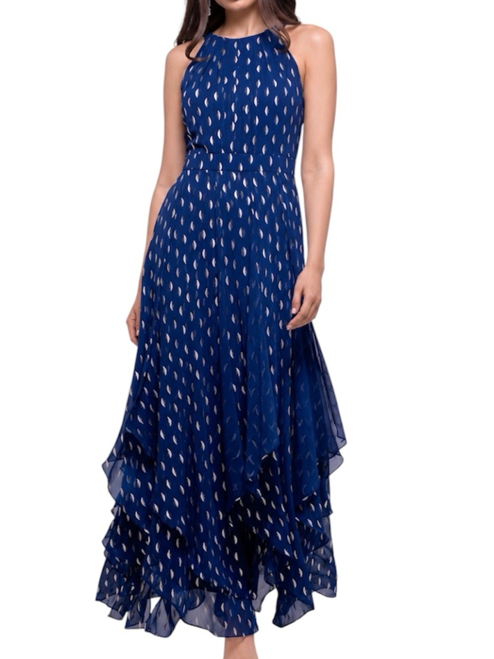 Betsy & Adam Navy Blue Halter Maxi Dress with Copper Teardrop Print